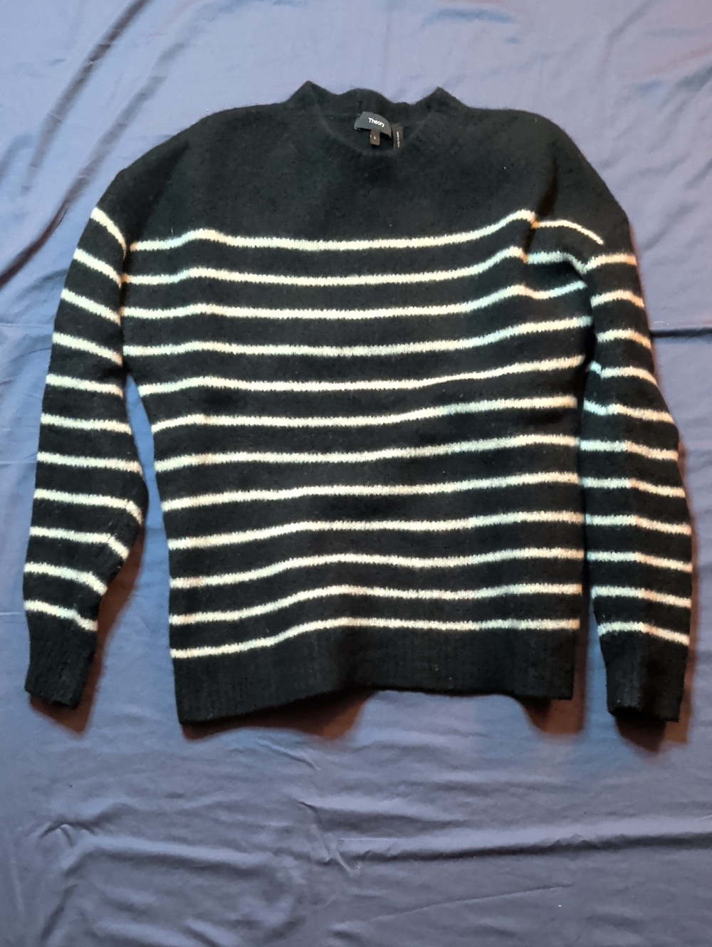 Theory Men's Striped Black and White Crewneck Sweater